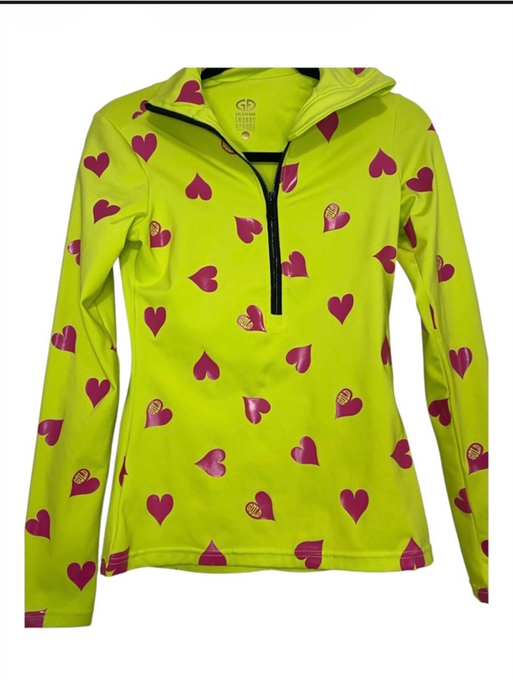 Goldbergh Lovely Ski Pully Neon Yellow-Green with Pink Hearts Performance Top XS